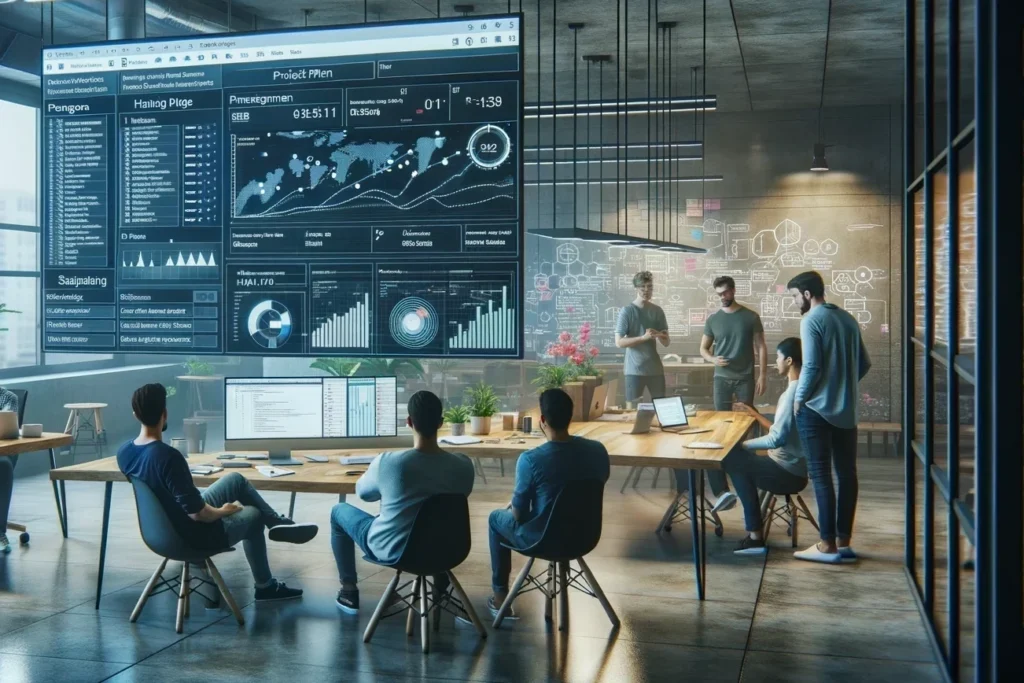 A modern office setting with a casual but high-tech atmosphere. A team collaborates around a large digital project management board displaying timelines, tasks, and progress charts. The environment is relaxed yet productive, with elements of software development like coding on screens and brainstorming sessions visible. The scene highlights the efficiency and scalability of a well-structured PMO in a small software agency.